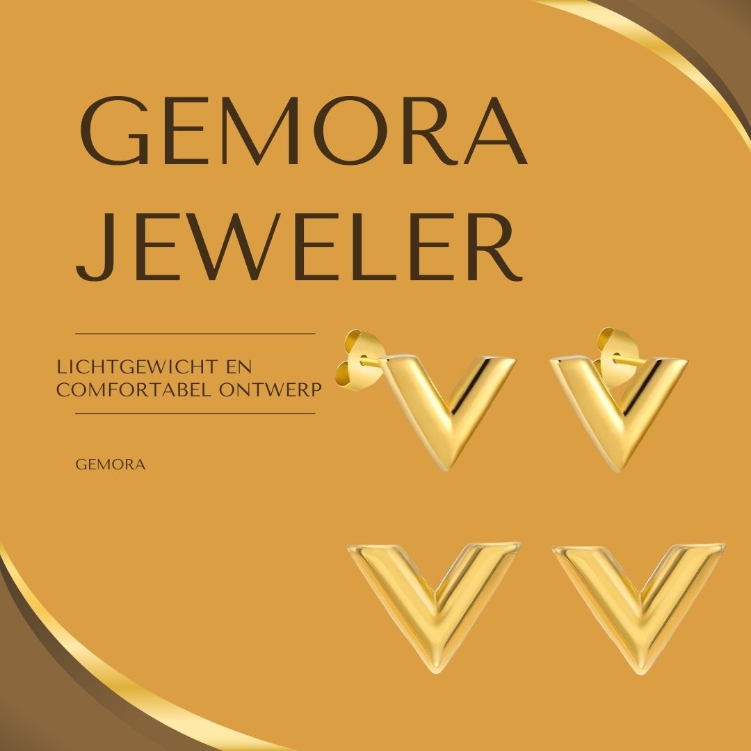Gemora Special - 18K Vergulde "Letter V" Oorbellen