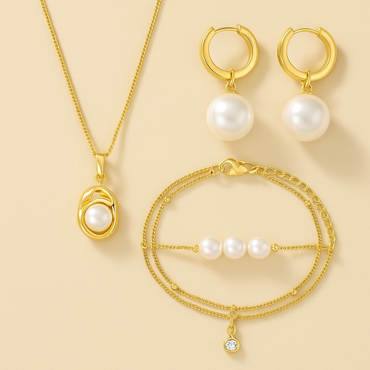 Pearl Elegance Jewelry Set – Necklace, Bracelet & Earrings – Gold Plated