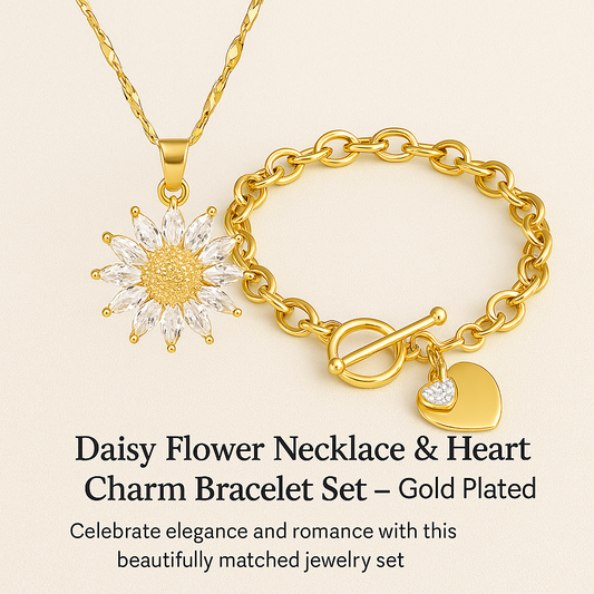 Daisy Flower Necklace & Heart Charm Bracelet Set – Gold Plated