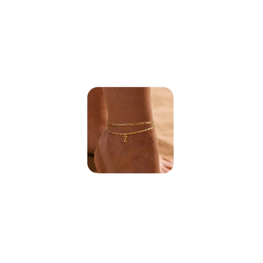 Tasiso Initial Ankle Bracelets for Women，Layered Waterproof Anklet for Women 14K Gold Filled Anklets Layering Thin Figaro Letter Anklet Summer Jewelry Gifts for Women