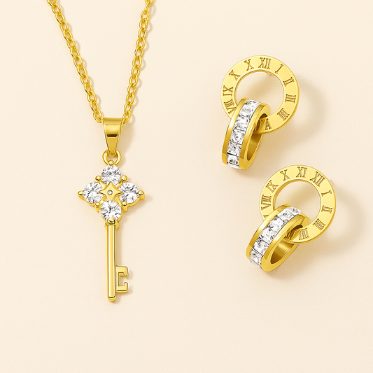 Roman Numeral Earrings & Key Pendant Necklace Set – Gold Plated