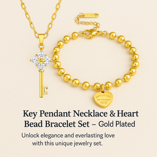 Key Pendant Necklace & Heart Bead Bracelet Set – Gold Plated