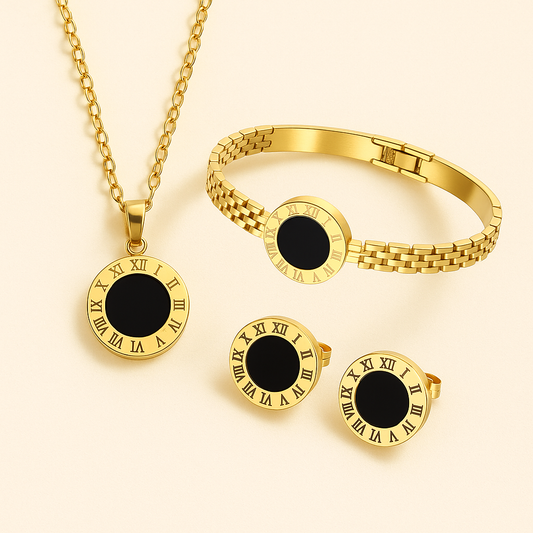 Black Roman Numeral Jewelry Set – Necklace, Bracelet & Earrings – Gold Plated