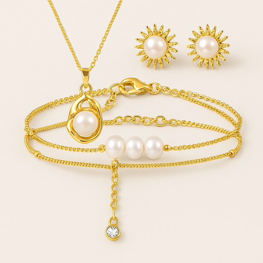 Elegant Pearl Jewelry Set – Necklace, Bracelet & Earrings – Gold Plated